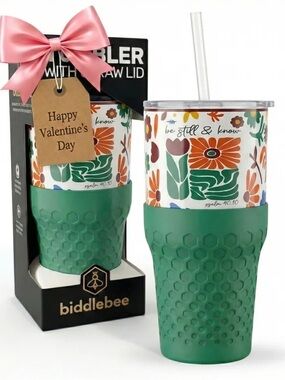 Biddlebee 30oz Insulated Stainless Steel Tumbler with Straw & Silicone Boot NWT